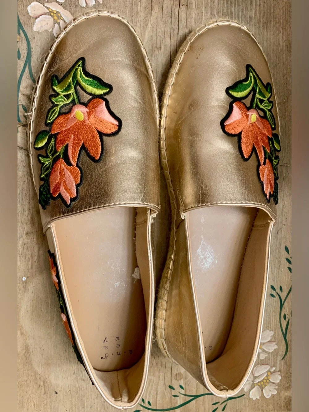 a new day Gold Espadrille Slip-Ons with Pink Floral Applique